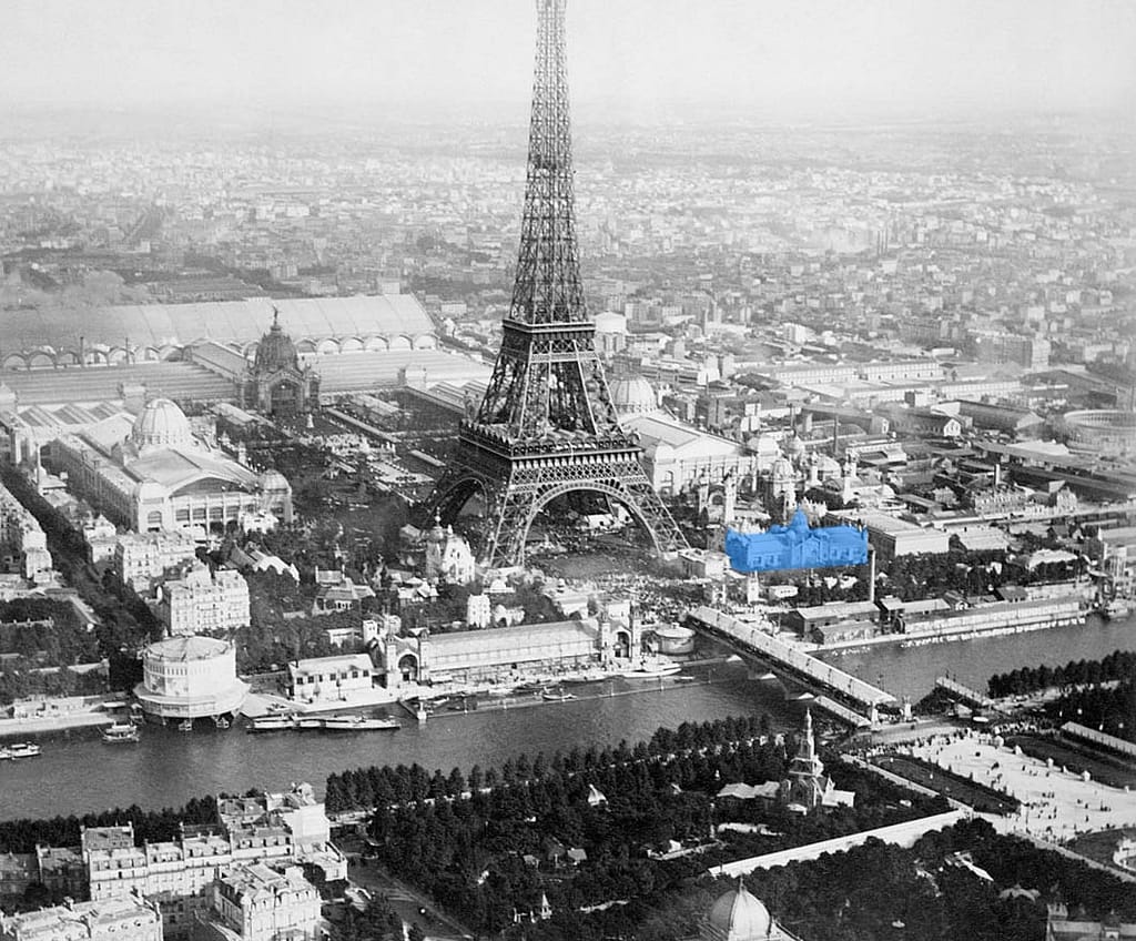 Ubicación del Pabellón Argentino en la exposición Universal de París de 1889, junto a la torre Eiffel