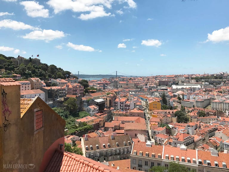 Mirador Santa Lucía en Lisboa, vista sobre los tejados de la ciudad y el puente 25 de abril