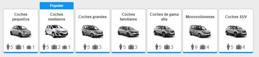 La interfaz permite elegir entre varias categorías de vehículo