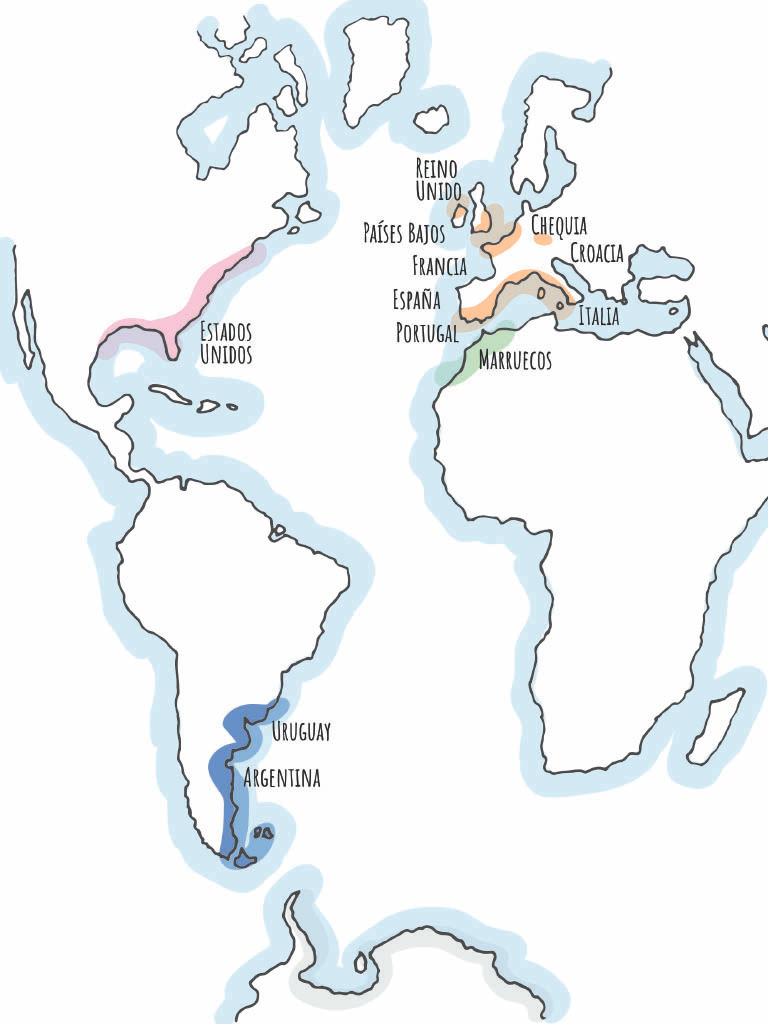 Mapa del Océano Atlántico con los países visitados por mapa cósmico